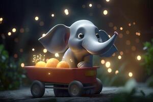 Little Elephant Harvesting Vegetables in the Garden with a Wheelbarrow photo