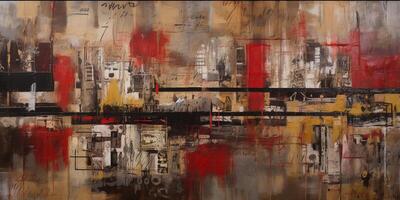 Industrial Reverie A Captivating Collage of Red and Sepia in a Large Canvas Painting photo