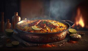saborear el aroma y sabor de India con Biryani un delicioso plato servido lleno de vapor en contra un oscuro antecedentes ai generado foto