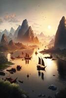 río serenata majestuoso chino paisaje con puesta de sol brillo, barcos, y montañas ai generado foto