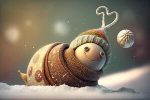 un gracioso contento Navidad caracol en el nieve ai generado foto