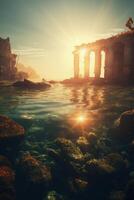 Sunset View of Ancient Ruins on Coastline with Waves in Foreground photo