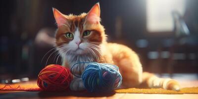 Playful Cat with Colorful Wool Balls photo