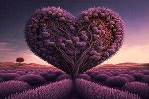 rojo florecer árbol en corazón forma con felicidad. enamorado árbol para decoración romántico concepto. lavanda campo ai generado foto