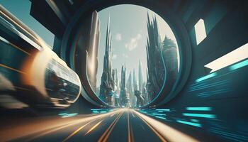 Warping Through the Future High-Speed Highway in a Futuristic City photo