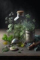 Herbal remedies and tools for preparing medicinal herbs on old wooden table, rustic atmosphere photo