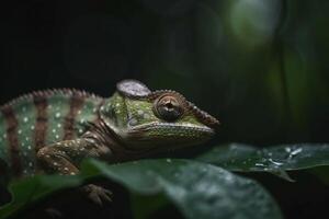 Chameleon perched on a vibrant green leaf in nature photo