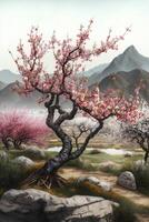 Serene Chinese landscape with pink blossoming peach tree photo