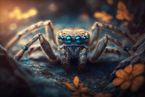 Híper realista ilustración de un lobo araña insecto, magnificado de cerca ai generado foto