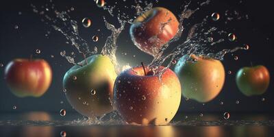 varios manzanas que cae dentro agua - un digital ilustración representando el onda efecto de Fruta impacto ai generado foto