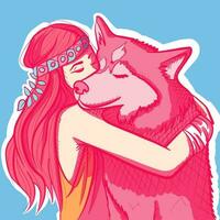 Digital conceptual art about friendship and companionship. Vector of a hippie woman with long bracelet hugging her siberian husky.