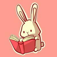 kawaii rosado y blanco conejito leyendo un libro. digital Arte de un linda anime Conejo estudiando un cuaderno mientras sentado abajo. vector