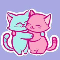 A couple of two kawaii cats in pastel colors hugging. Digital art of two chibi kitties embracing each other with love vector