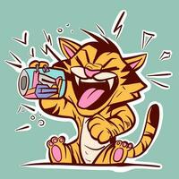 Digital art of a cartoon tiger drinking soda from a metal can. Wild animal having an energy drink sitting down. vector