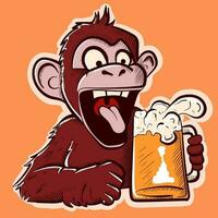 Digital art of a thirsty monkey drinking a pint of beer. Funny cartoon ape with fur celebrating oktoberfest. vector