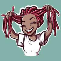 digital Arte de un negro mujer jugando con su rastas y sonriente. vector de un contento africano niña conmovedor su teme