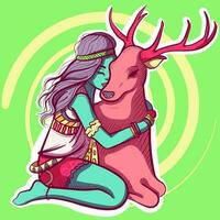 Digital art of a young woman with bohemian clothes hugging a reindeer. Vector illustration of a girl holding a deer.