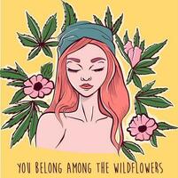 Digital art of a bohemian hippie woman with a bandana on her head, surrounded by leaves and pink flowers. Girl with wildflowers and long hair vector