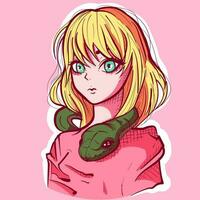 digital Arte de un rubia anime niña y un serpiente alrededor su cuello. japonés manga muñeca vistiendo rosado y participación un verde reptil. vector