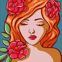 Digital art of a redhead woman with roses on her hair. Beautiful female head with floral decorations and leaves. vector