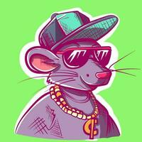 Digital art of a hip hop mouse with a rap hat, gold chain and a pair of sunglasses. Vector of a humanized mouse avatar wearing clothes and accessories.