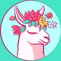 Cute llama with flowers and leaves around her head. Pink alpaca with roses, plants and herbal elements. vector
