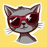 Digital art of a cat head cartoon with sunglasses. Vector illustration of a feline avatar wearing glasses.