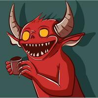 Conceptual art of a demon drinking the morning coffee. Vector illustration of a creature from hell with horns smiling and holding a cup.