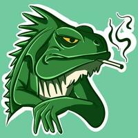 Digital art of a green angry iguana smoking a cigarette. Serious reptile with its hands crossed. vector