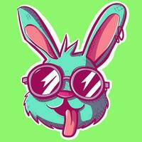 Silly bunny illustration with the tongue sticking out. Green rabbit head with cool round sunglasses and piercings. vector