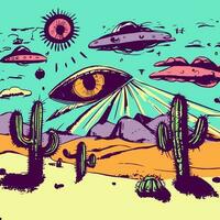 Psychedelic desert landscape with surreal cactuses, UFOs, aliens and floating eyes. LSD poster with extraterrestrial life doodles from area 51. vector