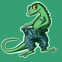 Vector art of a green lizard putting on a pair of blue jeans. Humanized reptile wearing large pants. Vector of a dinosaur wearing clothes.