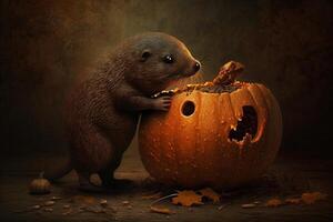 Illustration Funny Mole with Halloween Pumpkin content photo