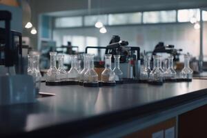 iluminado alto colegio química laboratorio con estudiantes conductible experimentos ai generado foto