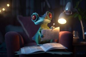 el sofisticado camaleón leyendo el Noticias en un cuero Sillón ai generado foto