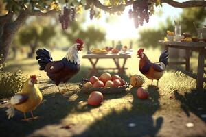 Chickens Having a Picnic under the Tree on Green Grass photo