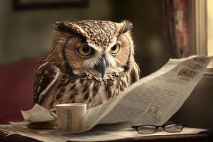 Wise owl catches up on current events by reading the newspaper photo
