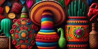 vibrante mexicano Arte vistoso patrones, ropa, cifras, y artesanía ai generado foto