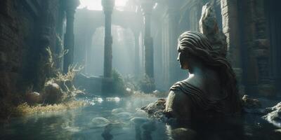 Mermaid Sculpture in Ancient Ruins Landscape in Mystical Blue Atmosphere photo
