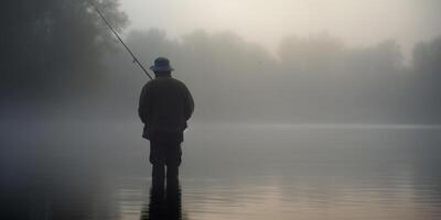 Fishing at Dawn Angler in the misty lake with fishing rod photo