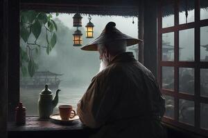 Reflections of Serenity An Elderly Chinese Man Contemplating by the Lake in a Tea House photo