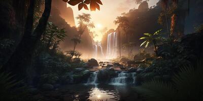 ilustración de un tropical cascada en el selva a puesta de sol ai generado contenido foto