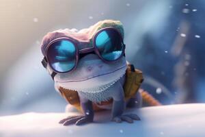 relajarse en el nieve frio fotorrealista dibujos animados camaleón con nieve gafas de protección ai generado foto