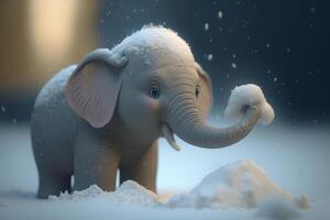 un linda pequeño elefante teniendo divertido jugando en el nieve ai generado foto