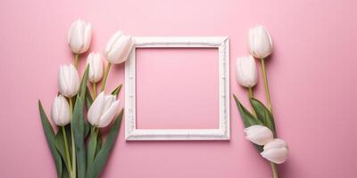 Empty white picture frame with pink tulips on a pink background photo