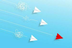 Top view of paper planes with doodle line tilt down in the sky. Origami aircraft. Geometric shape symbol. Concept of business, leadership, solution, success, education, target, think different vector