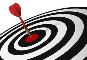 Red dart hit to center of dartboard tilt left. Arrow on bullseye in target. Business success, learning goal, objective challenge, purpose strategy, achievement focus concept. 3d realistic concept. vector