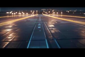 Nighttime View of Airplane Runway with Terminal Lights photo