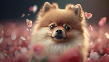 adorable pomeranio perro sentado en un mar de Rosa pétalos ai generado foto