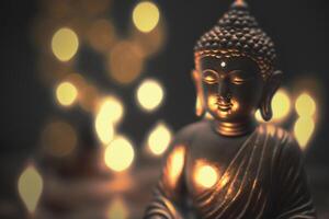Close-up of golden Buddha statue with bokeh background photo